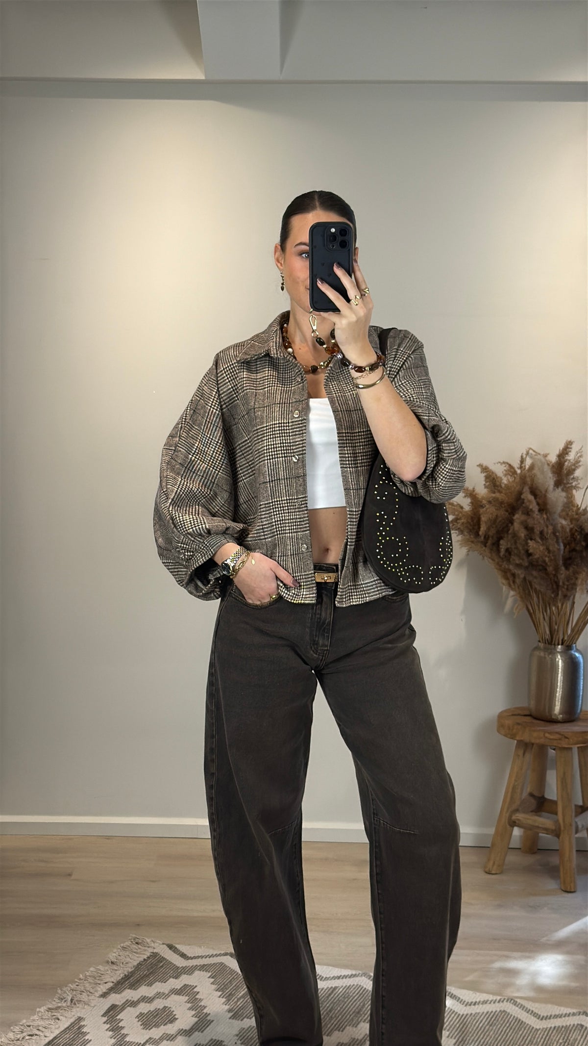 Geruite blouse - bruin