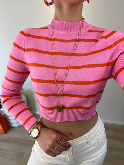 Roze top met oranje streep