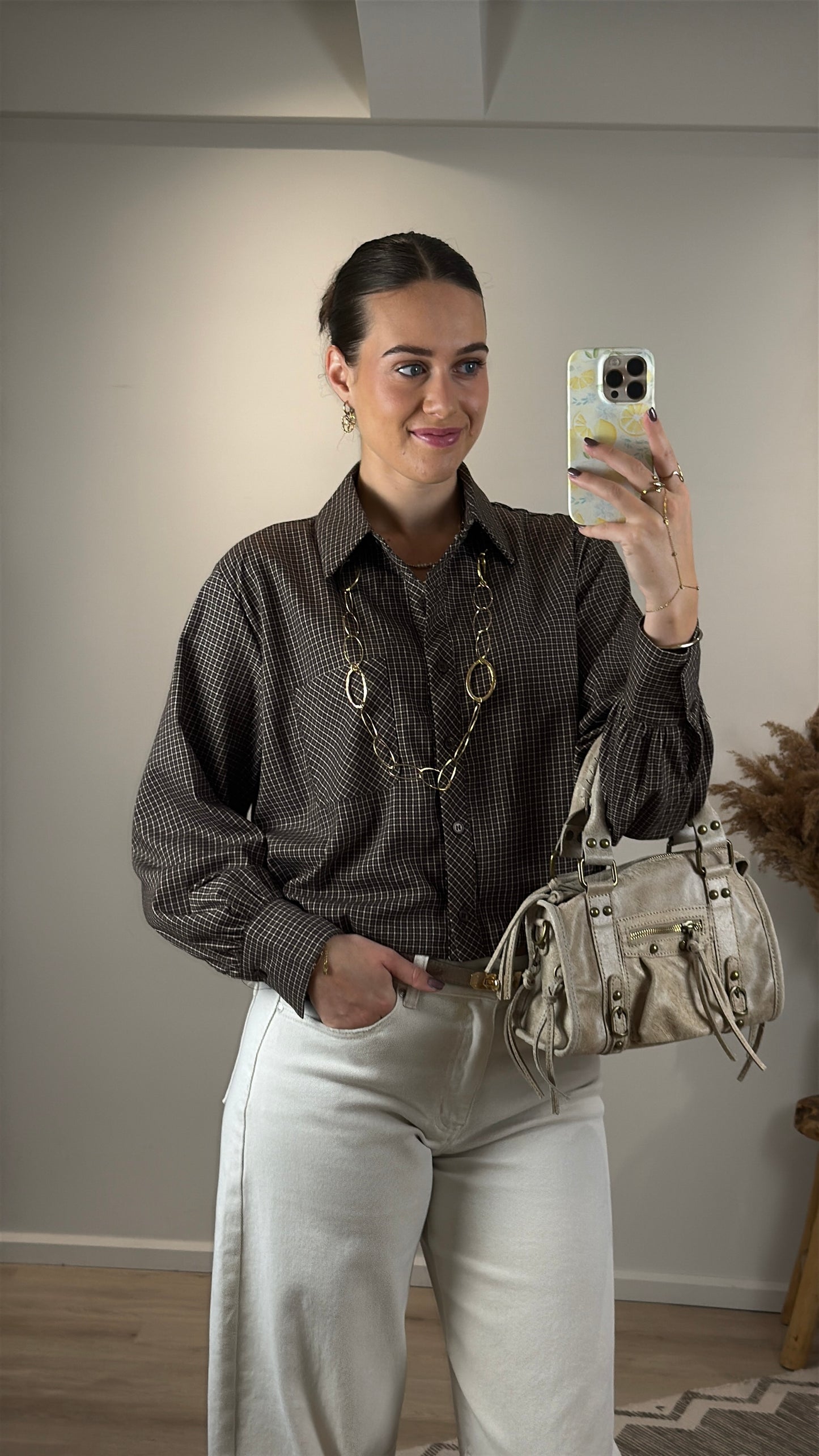 Geruite blouse met elastiek - bruin