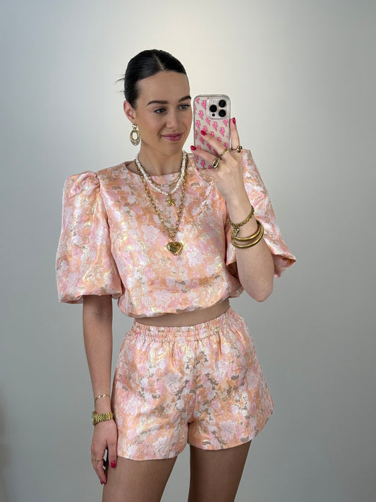 Printed top met pofmouw - koraal