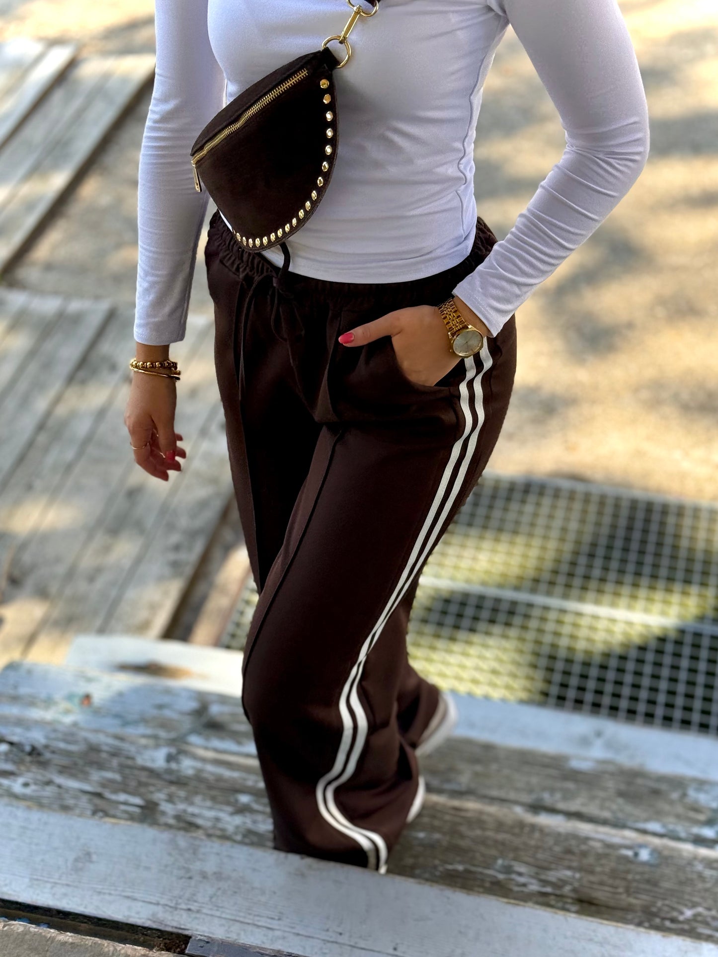 Pantalon jogger met streep - bruin