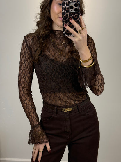 Kanten top met mouwtje - bruin