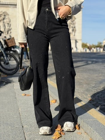 High waist - straight leg stretch jeans glitter - zwart