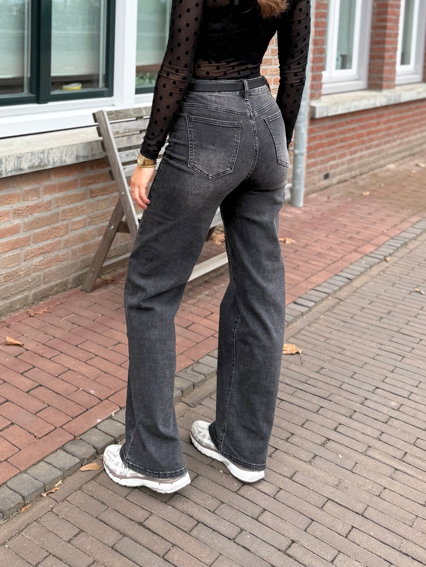 High waist - straight leg stretch jeans - donkergrijs