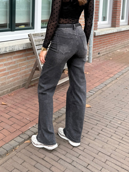 High waist - straight leg stretch jeans - donkergrijs