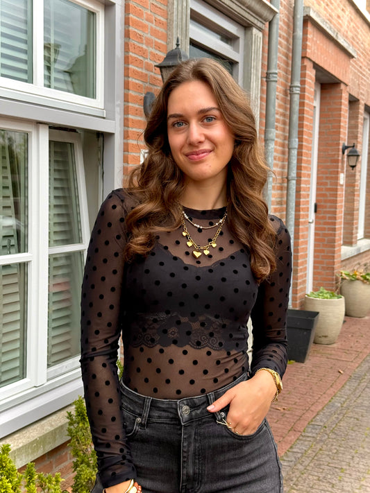 Polkadot mesh top - zwart