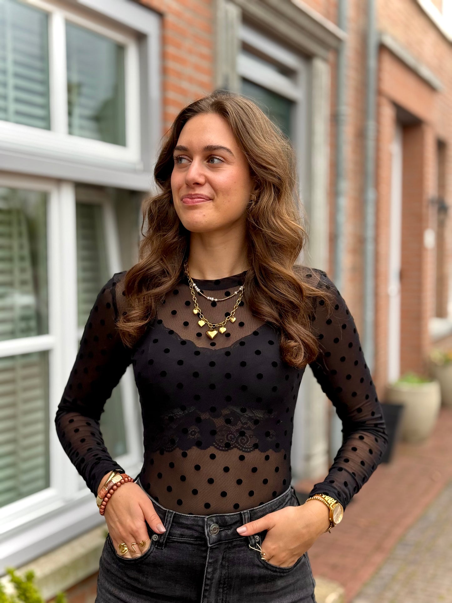 Polkadot mesh top - zwart