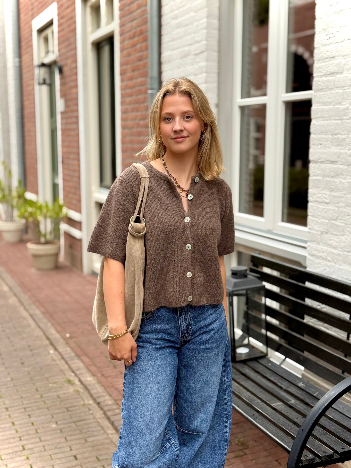 Leren suede tas/shopper Suez - beige