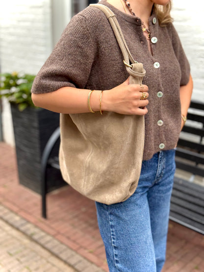 Leren suede tas/shopper Suez - beige