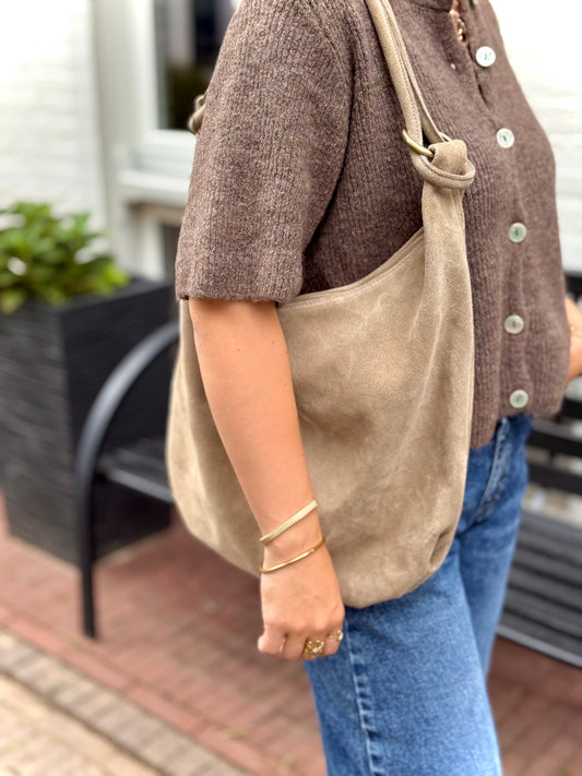 Leren suede tas/shopper Suez - beige