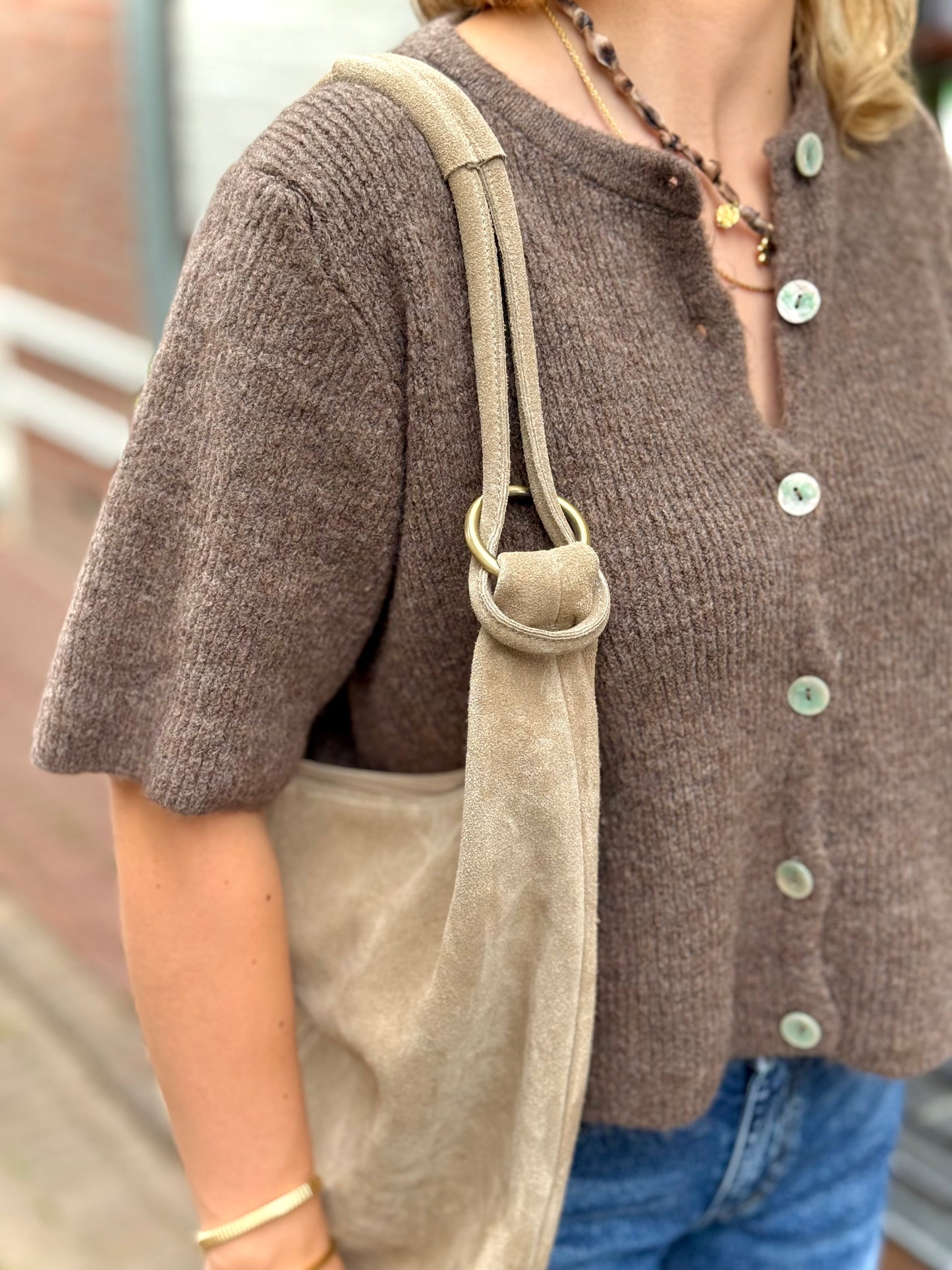 Leren suede tas/shopper Suez - beige