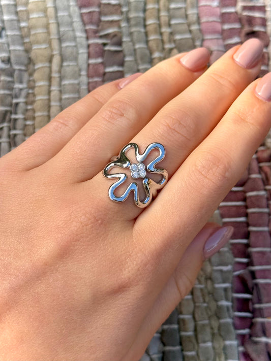 Statement bloemen ring - zilver