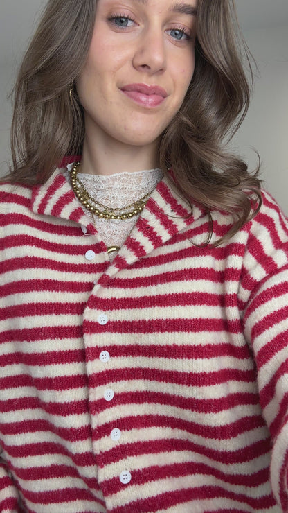Gestreepte trui/vest met knoopjes - rood/creme