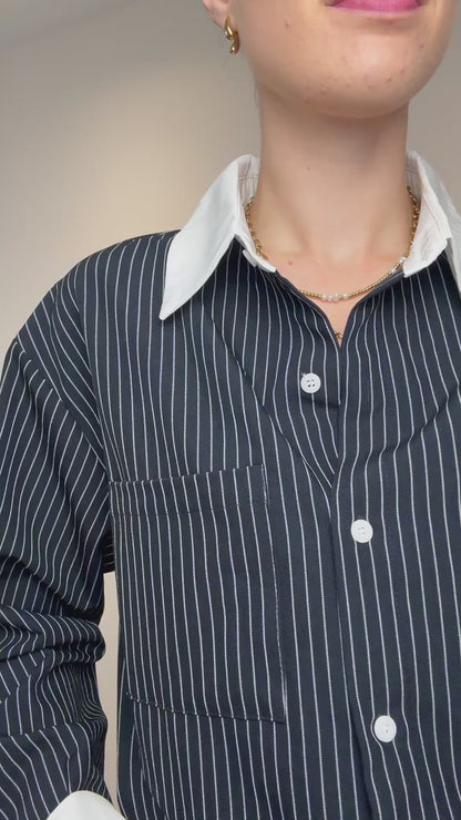 Gestreepte blouse met witte details - navy