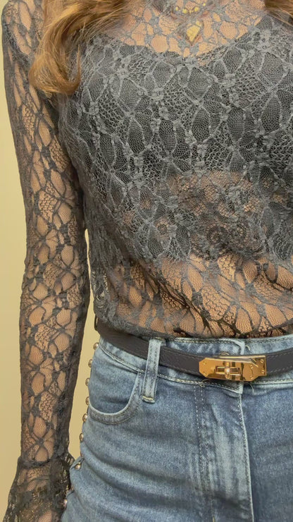 Kanten top met mouwtje - blauw