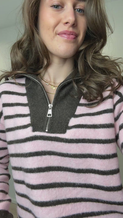 Streepjes zipper trui - roze bruin