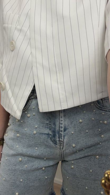 Stretch short met parels - denim