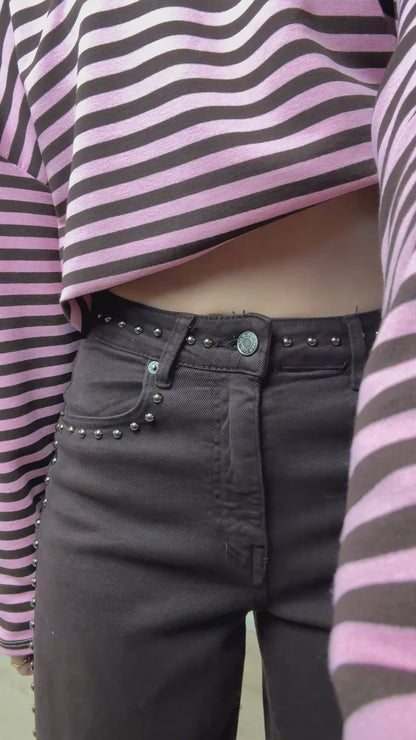 Mid waist - straight leg stretch jeans met studs - bruin