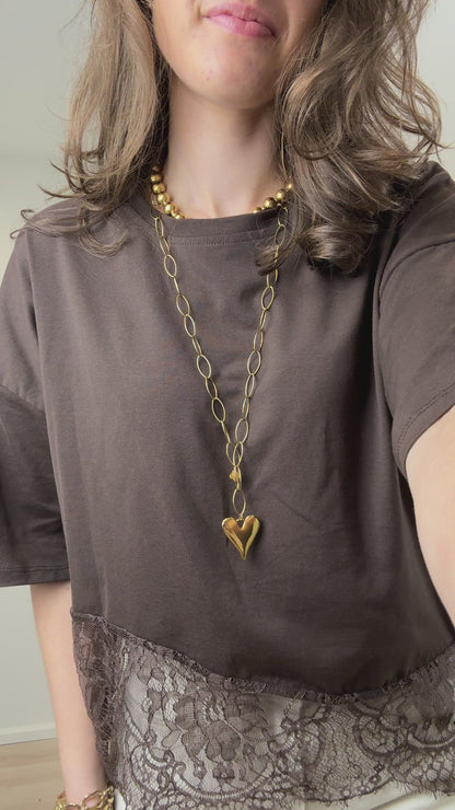 Shirt met kant - bruin