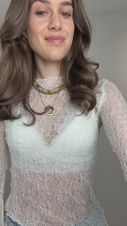 Asymmetrisch kanten top met mouwtje - creme
