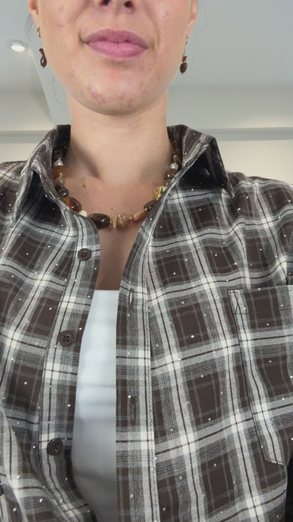 Geruite blouse met strass steentjes - bruin