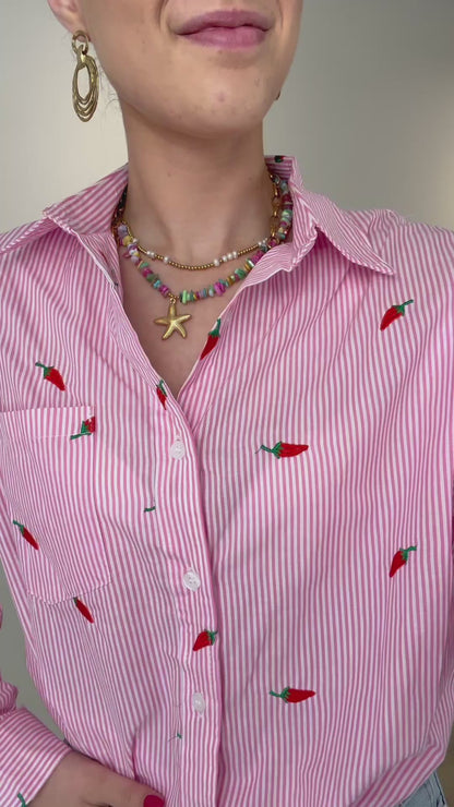 Gestreepte blouse met pepers - roze