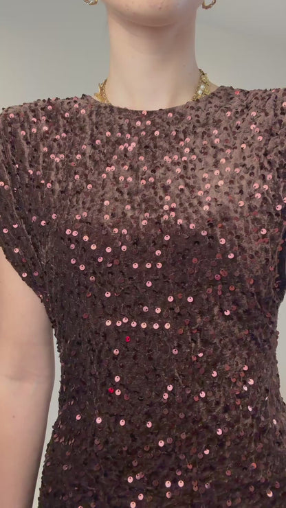 Glitter jurkje met schoudervulling - bruin