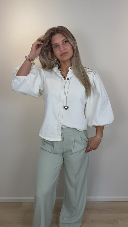 Denim blouse met pofmouw - wit